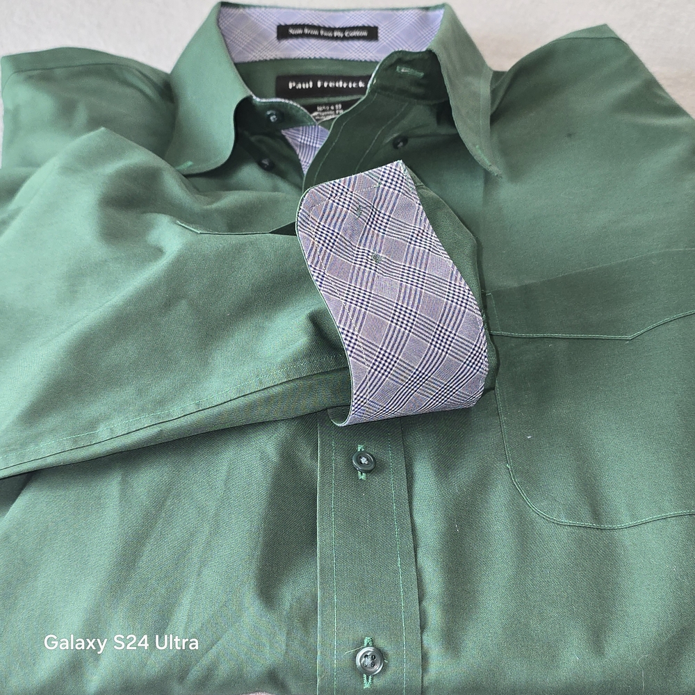 Paul Fredrick Green Dress Shirt Plaid Inner Cuff Business Casual Classy Size L